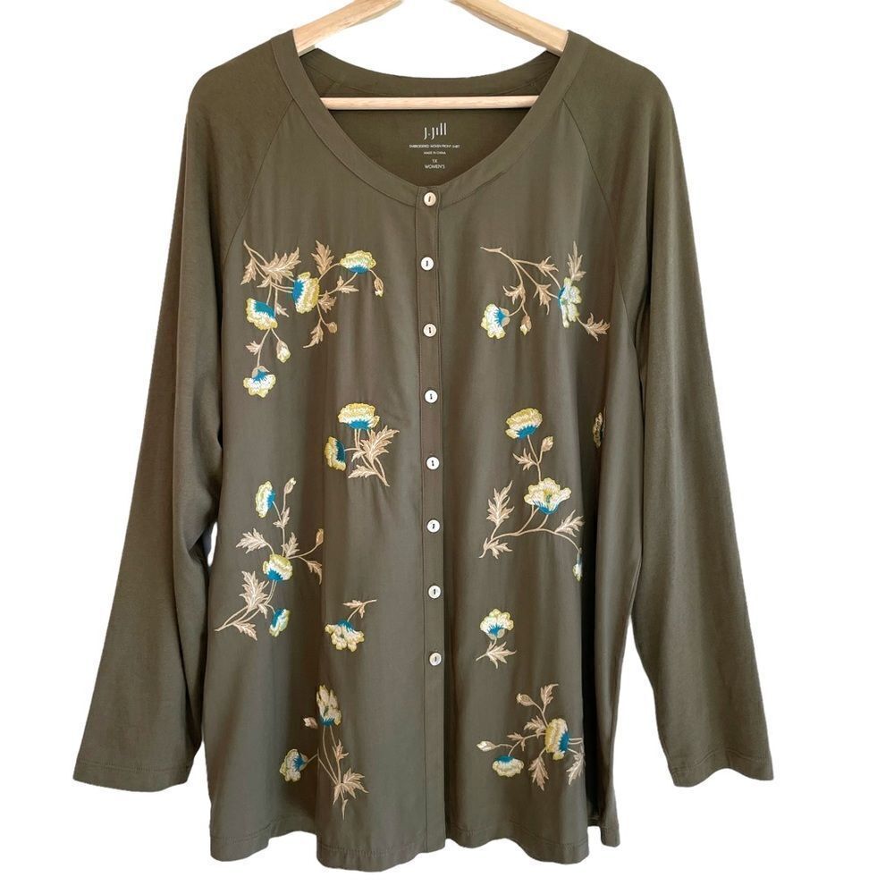 J Jill Embroidered Button Down Top 100% Rayon